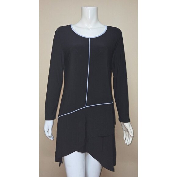 By JJ Black with White trim Stretch Asymmetric Tunic Top Blouse Size SMALL NEW - Picture 2 of 8
